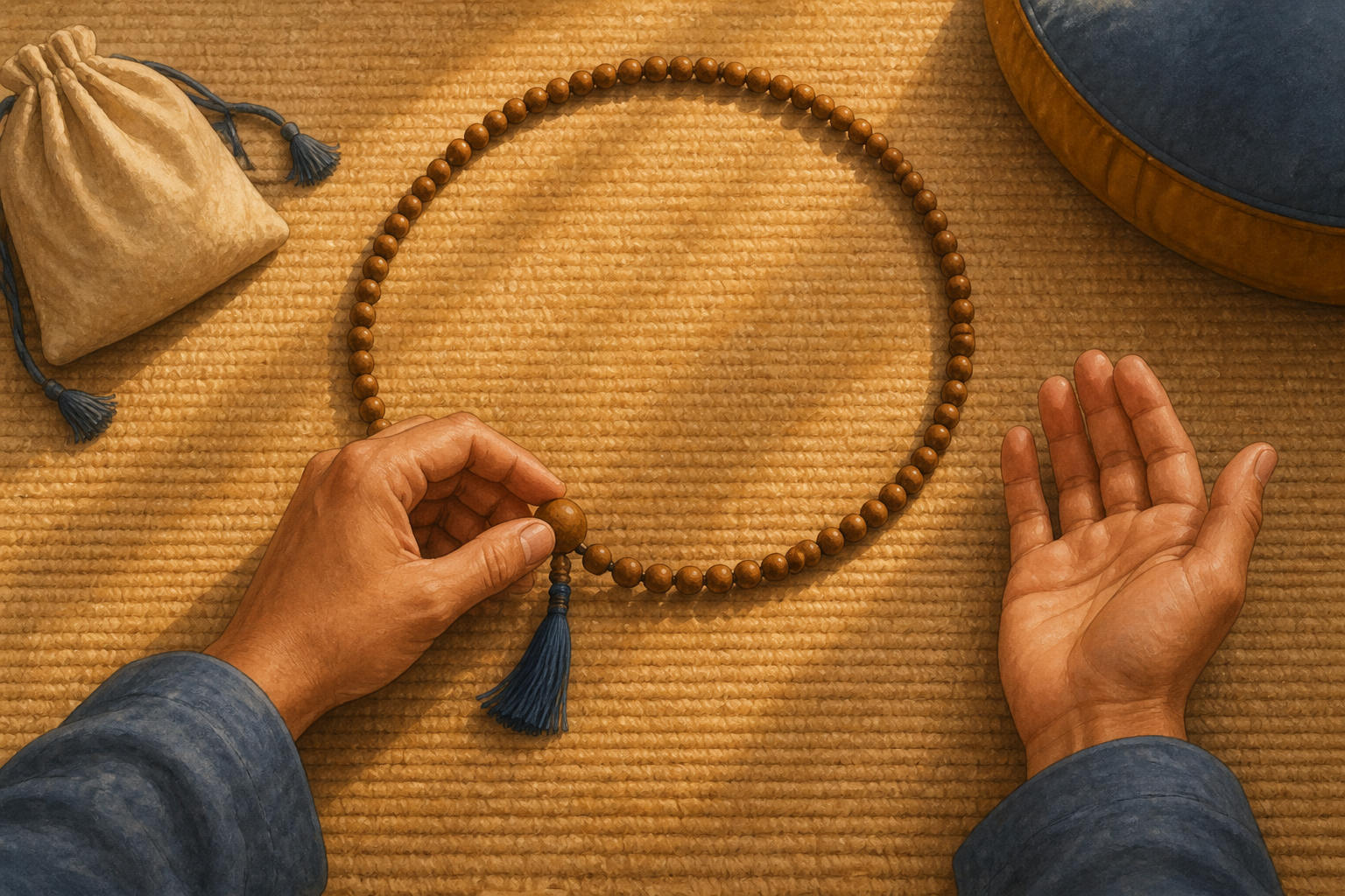 Two hands pause at the marker bead of a wooden japa mala at the end of a round, with a bead bag and cushion nearby.