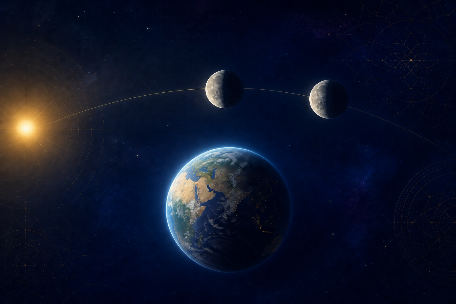An illustration of Earth, the sunlit moon in two nearby orbital positions, and faint arcs suggesting the progression of a lunar day.