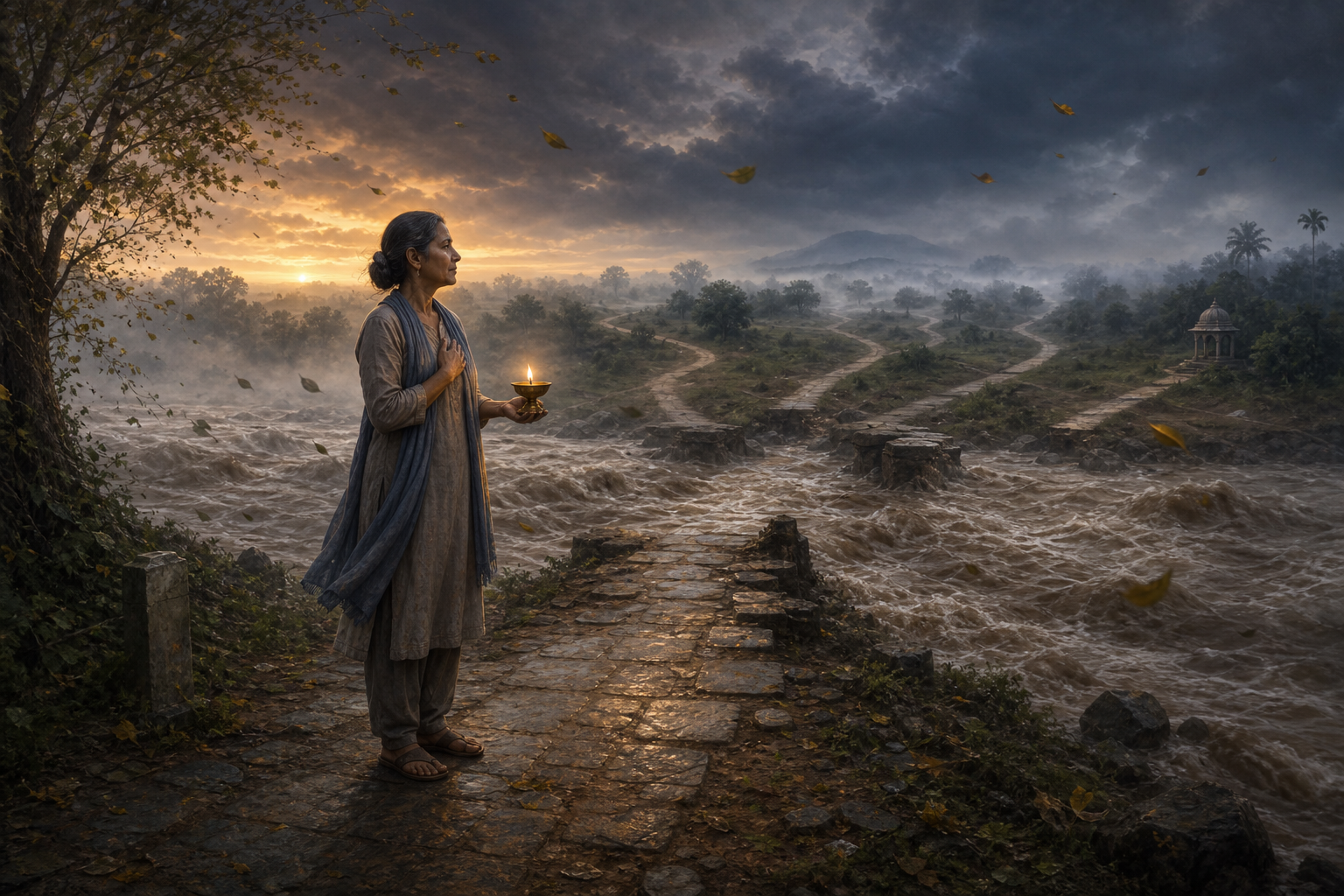A person holding a small oil lamp stands beside a river that has washed away the familiar path, while new paths appear through the mist.