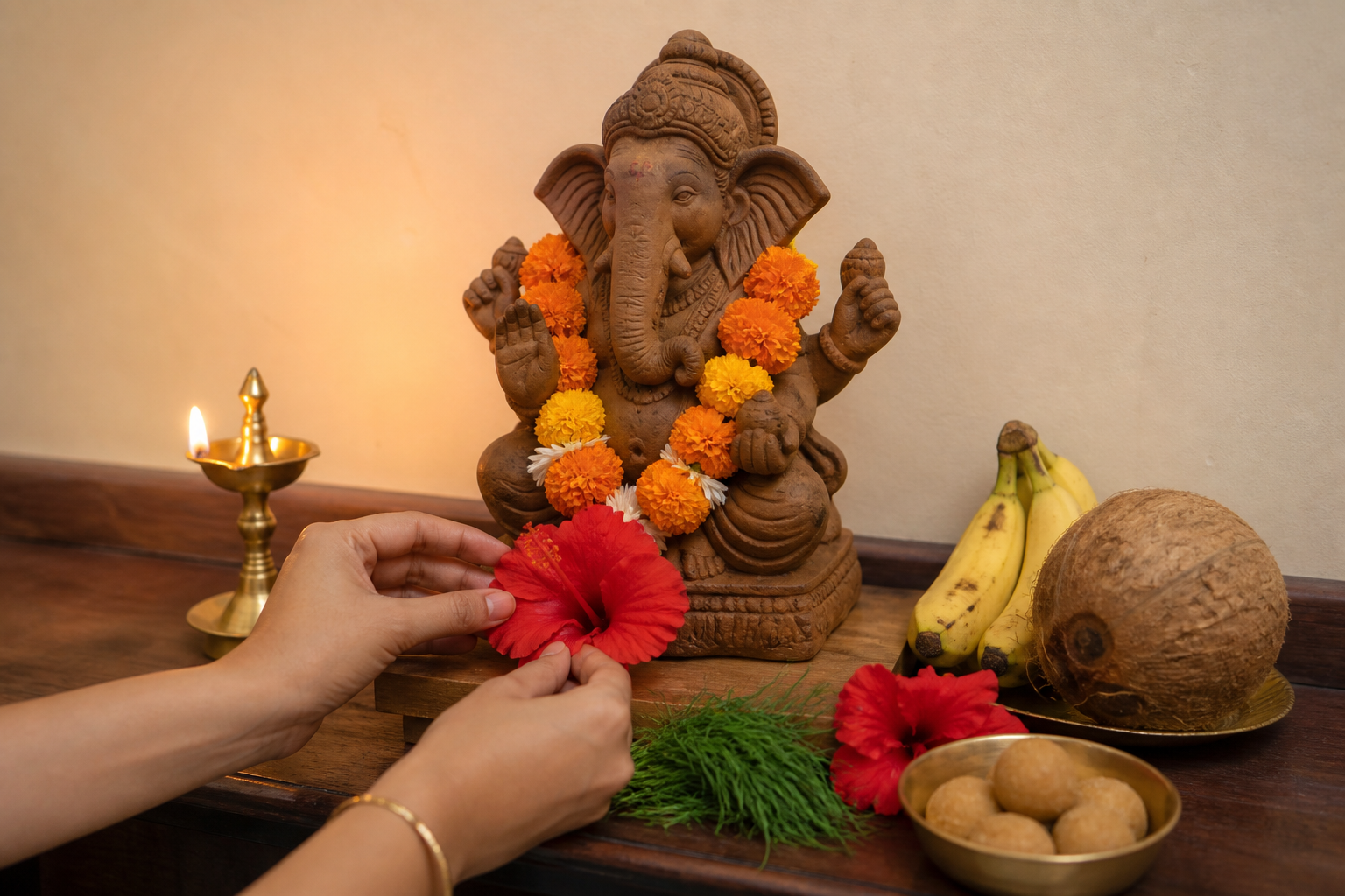 Hands place a flower before a small clay Ganesha murti on a simple home altar with a diya, fruit, grass, marigolds, and sweets.