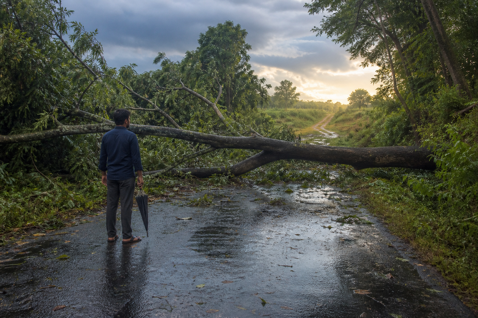 A person pauses on a wet road to observe a large fallen tree before choosing another route.