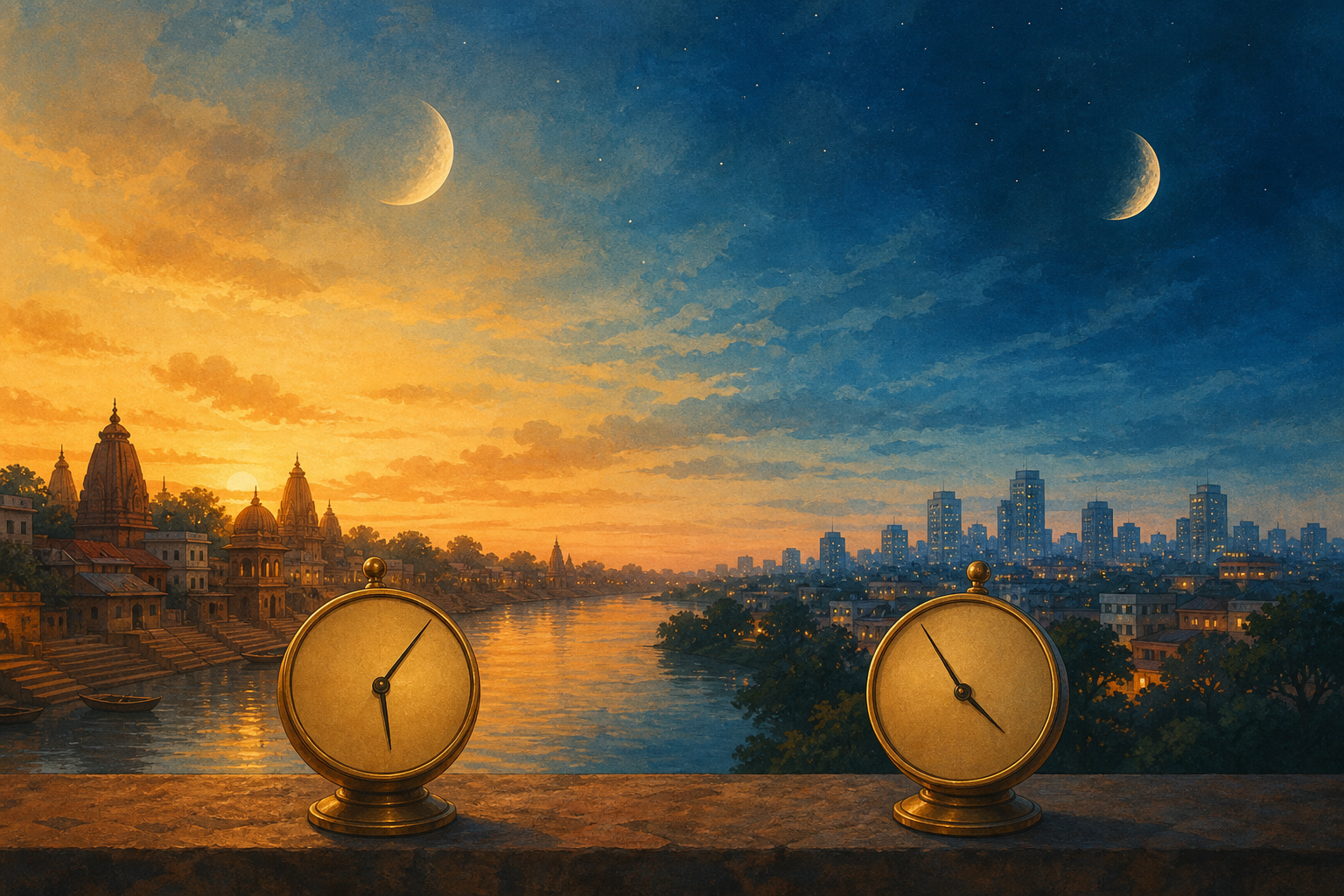 Two contrasting Indian cityscapes appear under different stages of twilight, with moon motifs and two unmarked timepieces showing different hand positions.