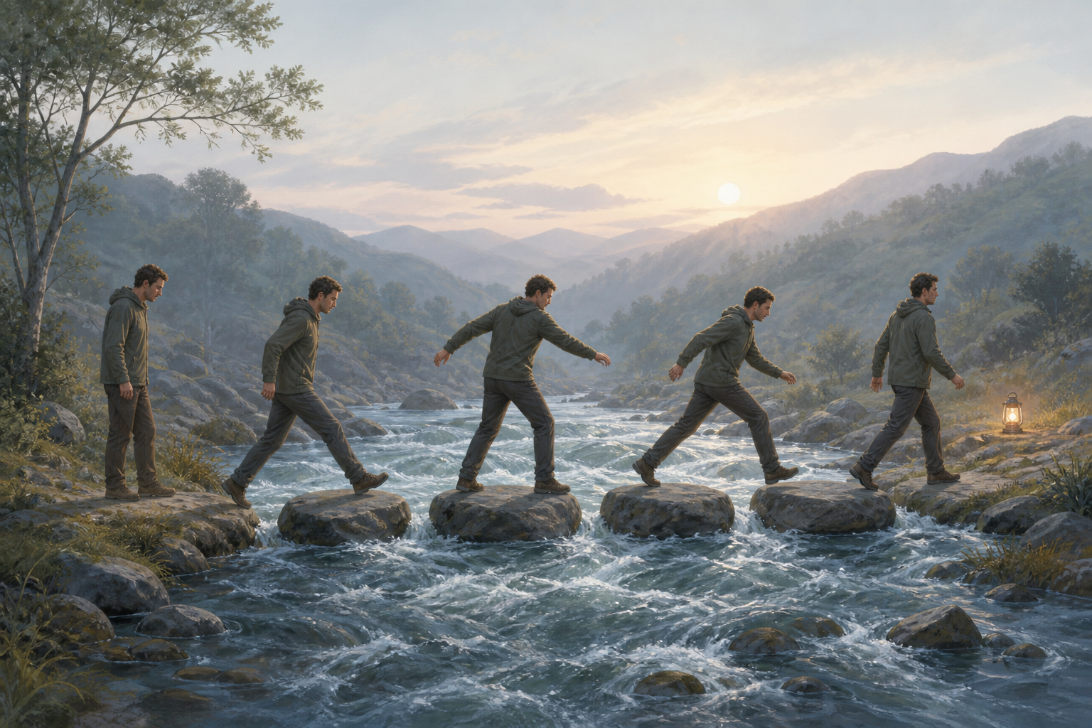 Five successive positions of one person show them carefully crossing a moving stream on five stepping stones.