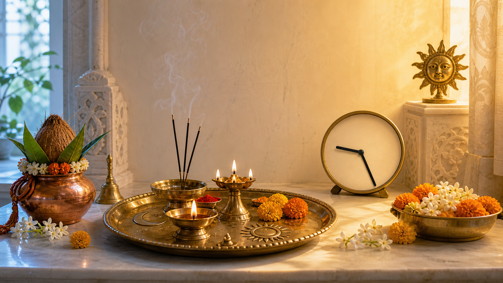 A morning home altar with oil lamps, flowers, a copper vessel, and a numeral-free clock indicating about 9:26 as the light shifts from cool to warm.