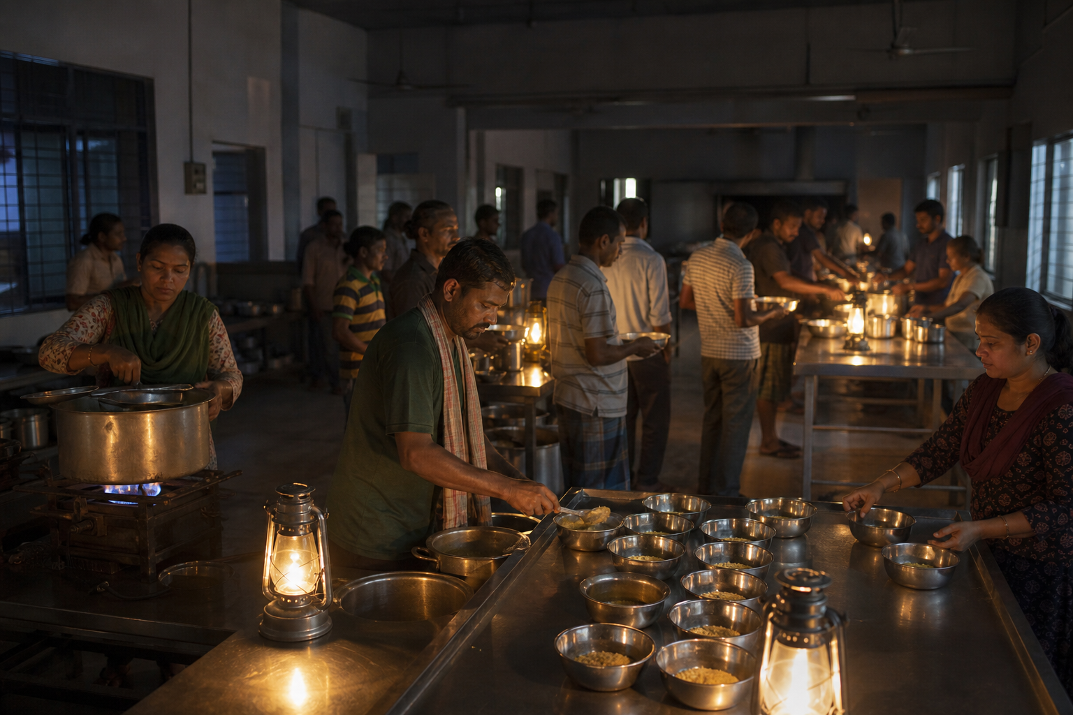 Volunteers reorganize a community kitchen by lantern light and continue preparing and serving meals during a power outage.
