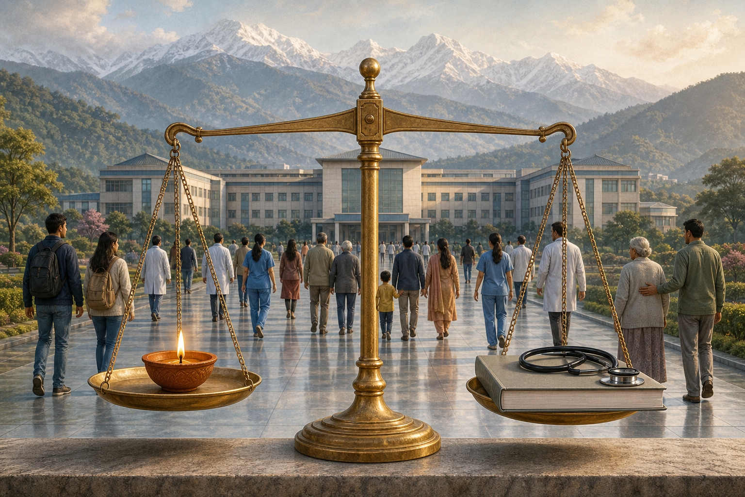 A level balance scale holds a clay oil lamp on one side and an unmarked rulebook with a stethoscope on the other, in front of a medical campus in the Himalayan foothills.