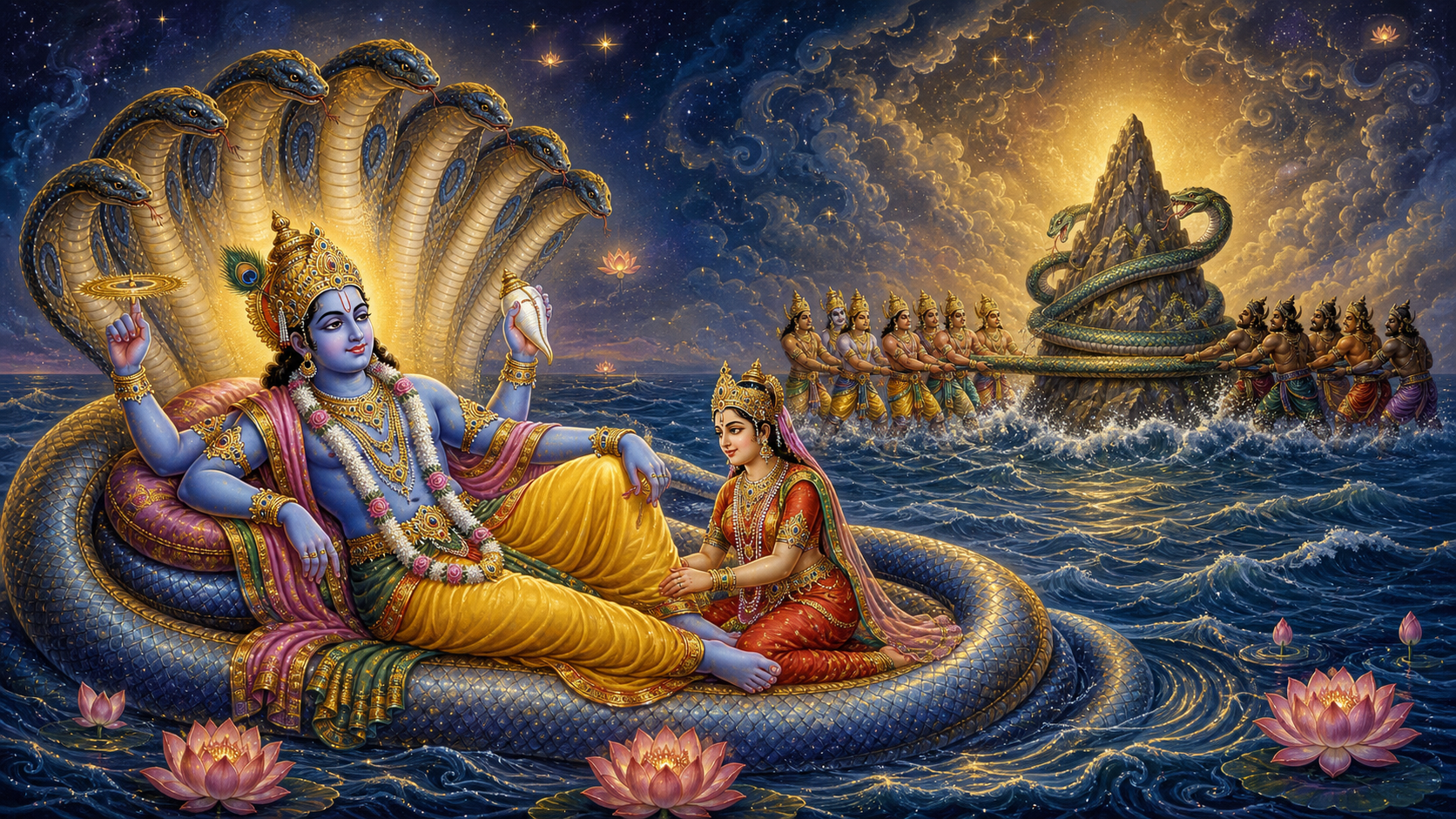Vishnu reclines with Lakshmi on the many-hooded serpent Ananta while, in a separate distant scene, Vasuki is used to churn the cosmic ocean around Mount Mandara.