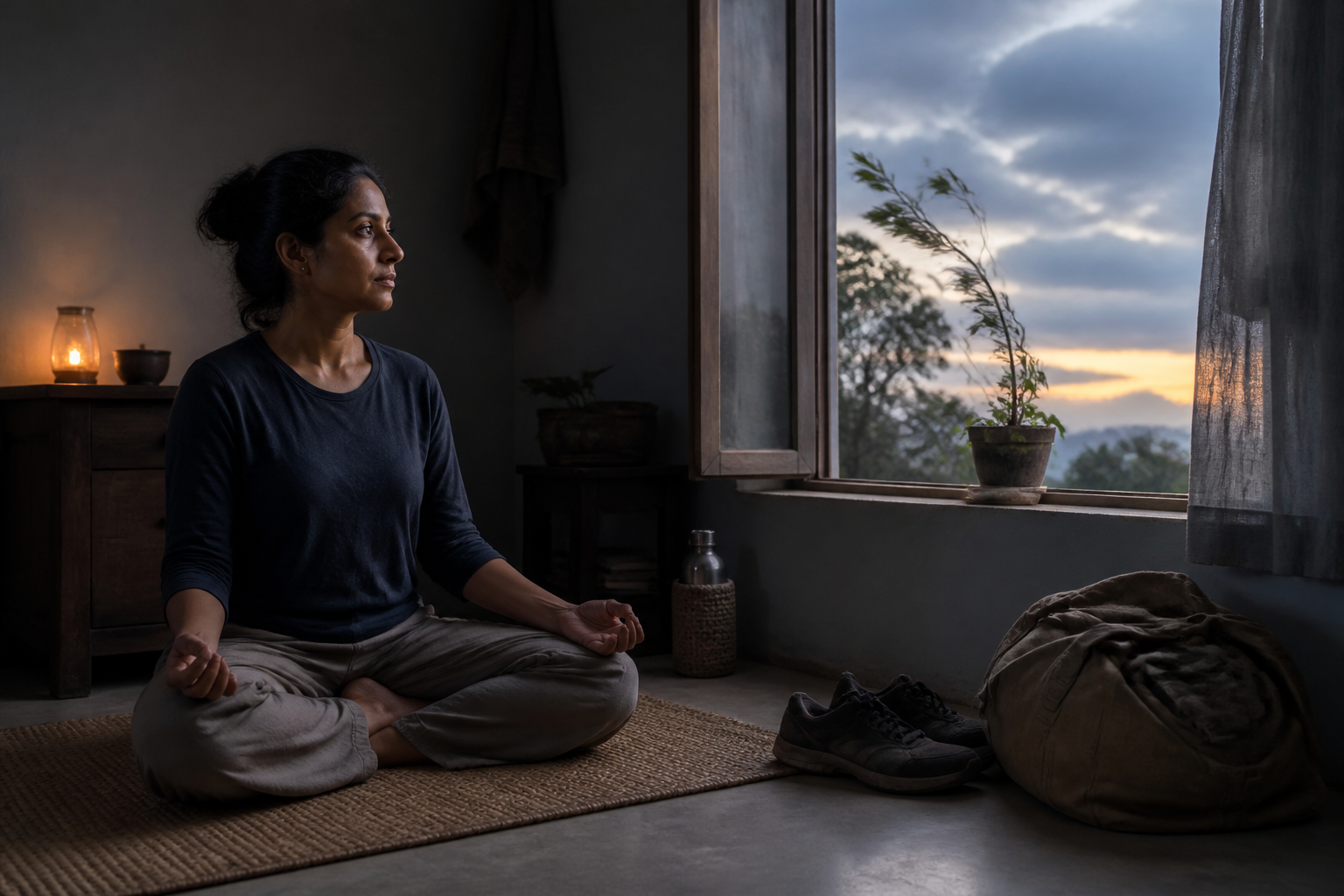 A person meditates before sunrise in a simple room while wind moves the tree branches outside the open window.