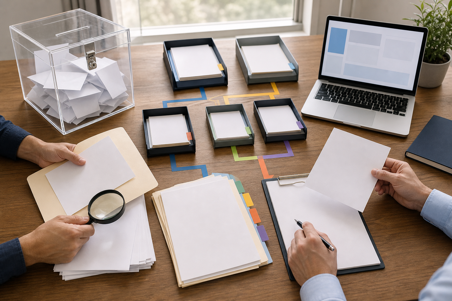 Two reviewers compare anonymized folders and blank scoring sheets on an organized table with a magnifying glass, laptop and transparent records box.