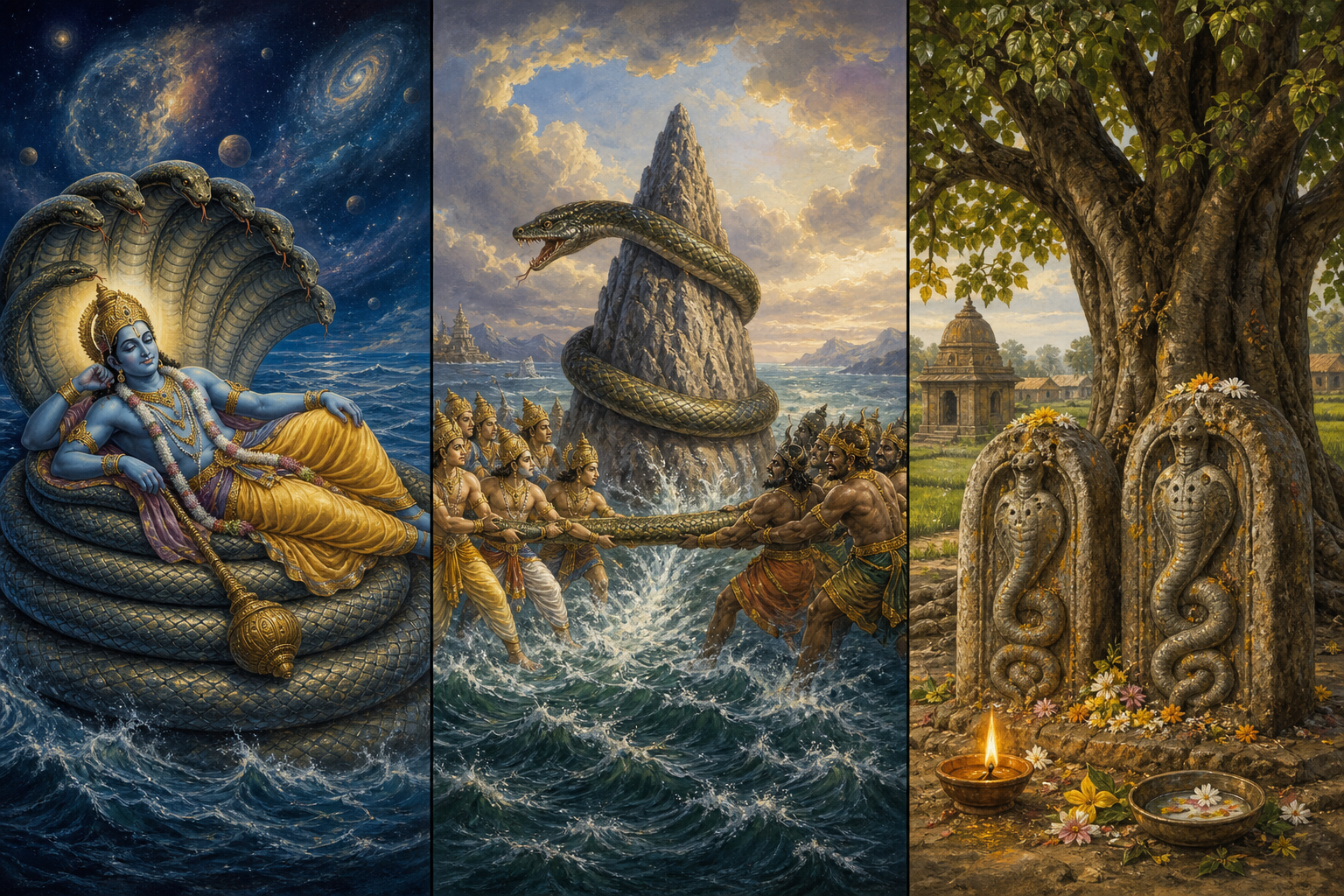 Three illustrated scenes show Ananta supporting reclining Vishnu, Vasuki encircling a mountain during the cosmic churning, and paired serpent stones at a shrine beneath a tree.