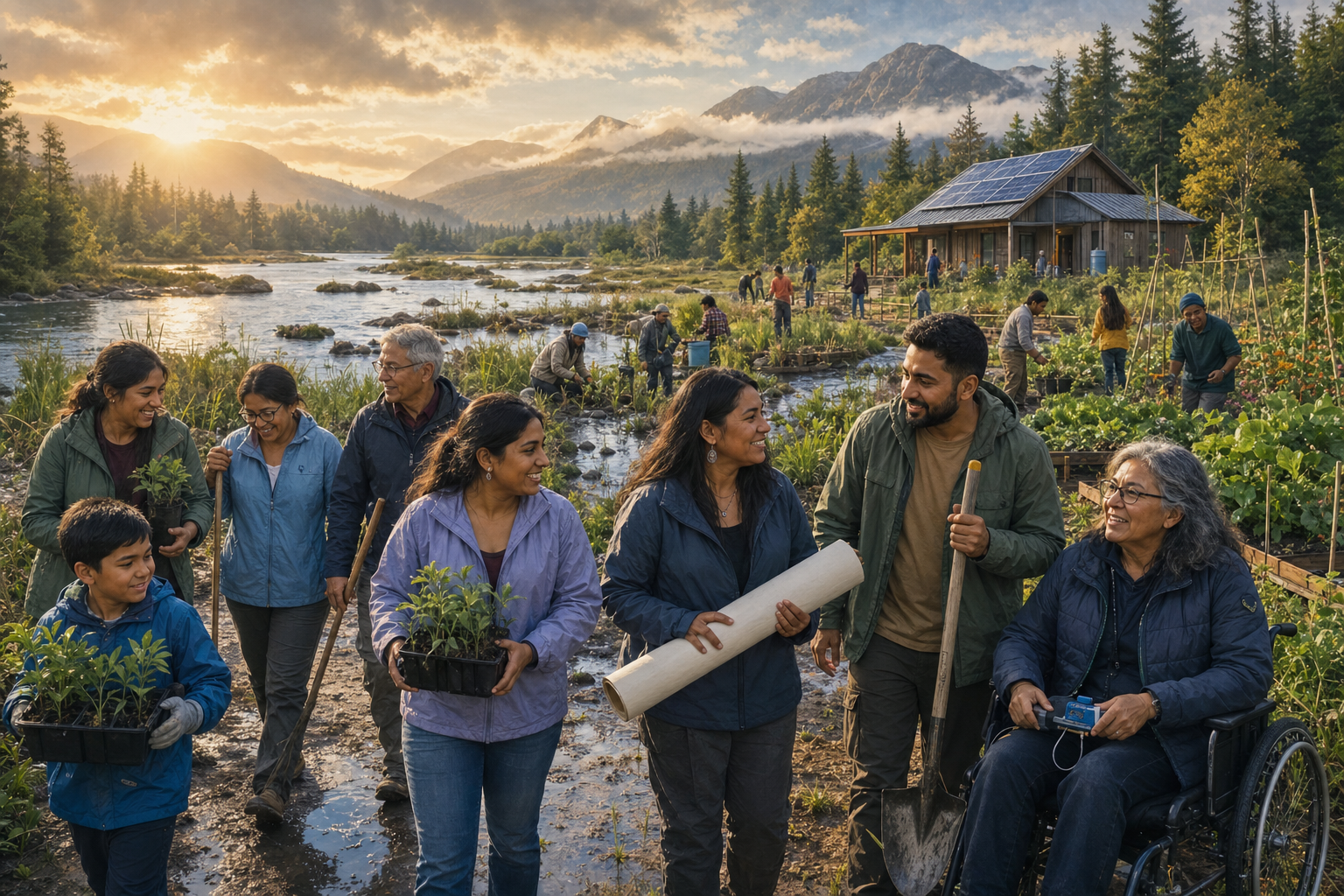 Indigenous and South Asian community members walk beside a restored river carrying seedlings, water-testing tools, and conservation equipment, with solar panels and a community garden nearby.