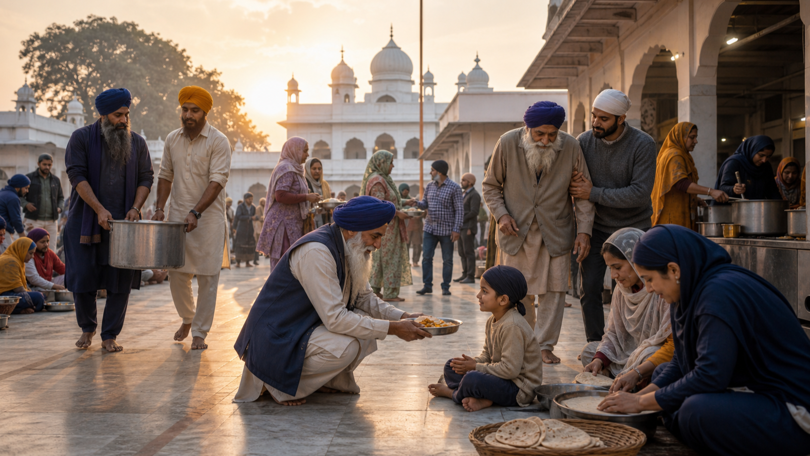 Sikh volunteers and neighbors prepare and share food in a gurdwara courtyard while helping a child and an elderly visitor at dawn.
