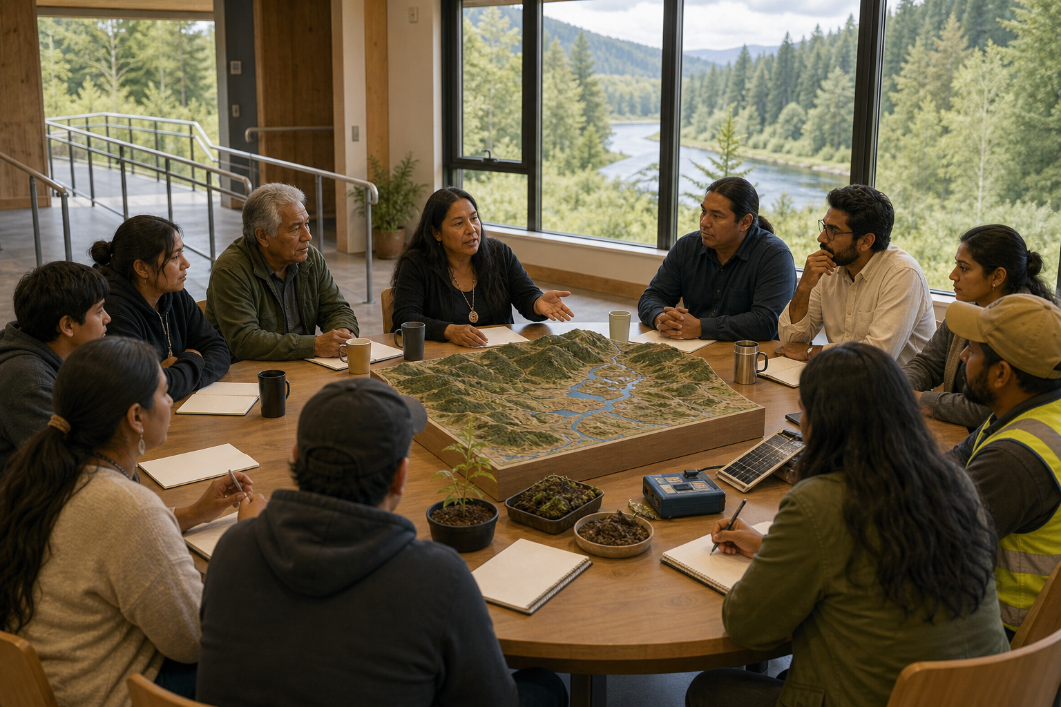 Indigenous community members, Dharmic institution representatives, workers, and environmental specialists meet around a watershed model in a community hall.