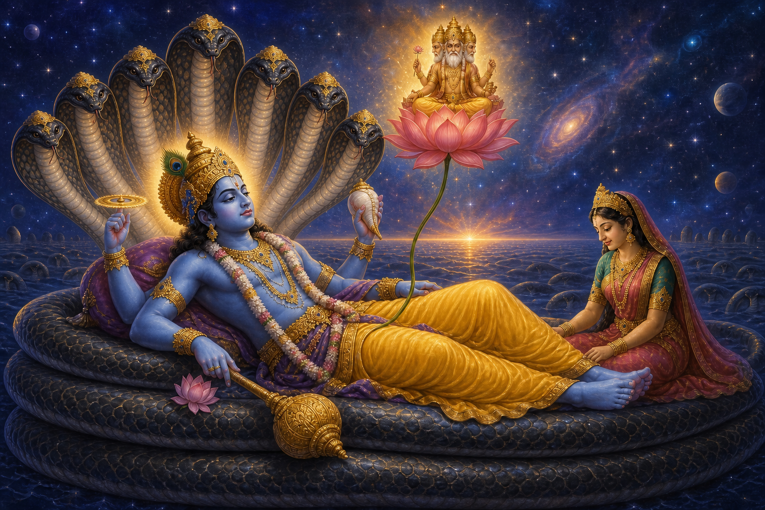 Vishnu rests on the level coils of the many-hooded Ananta above a cosmic ocean as Lakshmi sits near his feet and a lotus rises toward Brahma.