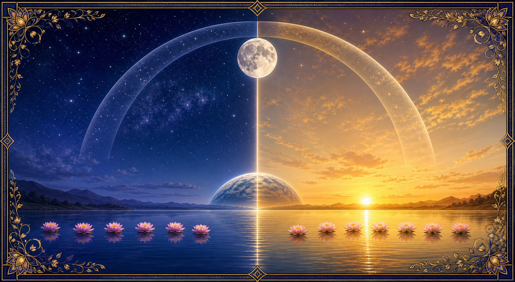 A glowing Moon above Earth and a river, with two adjoining celestial arcs and groups of six and seven lotus blossoms symbolizing consecutive tithis.