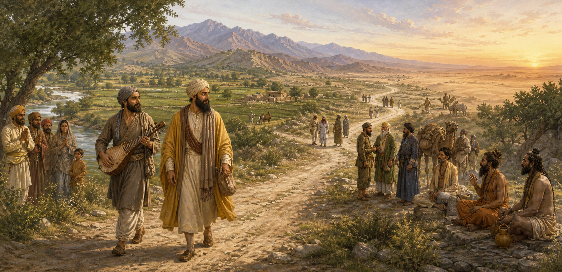 Editorial illustration of Guru Nanak walking with Bhai Mardana and his rabab along a road where pilgrims, travelers, farmers, and ascetics gather for conversation.