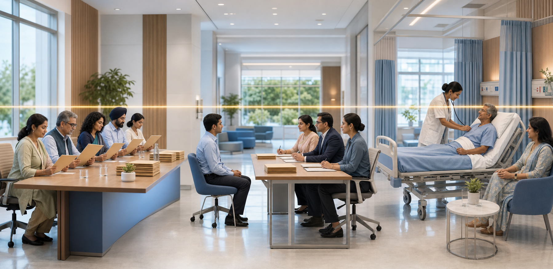 A connected three-part medical institution scene shows anonymous admissions review, a structured job interview and attentive patient care linked by a level golden line.