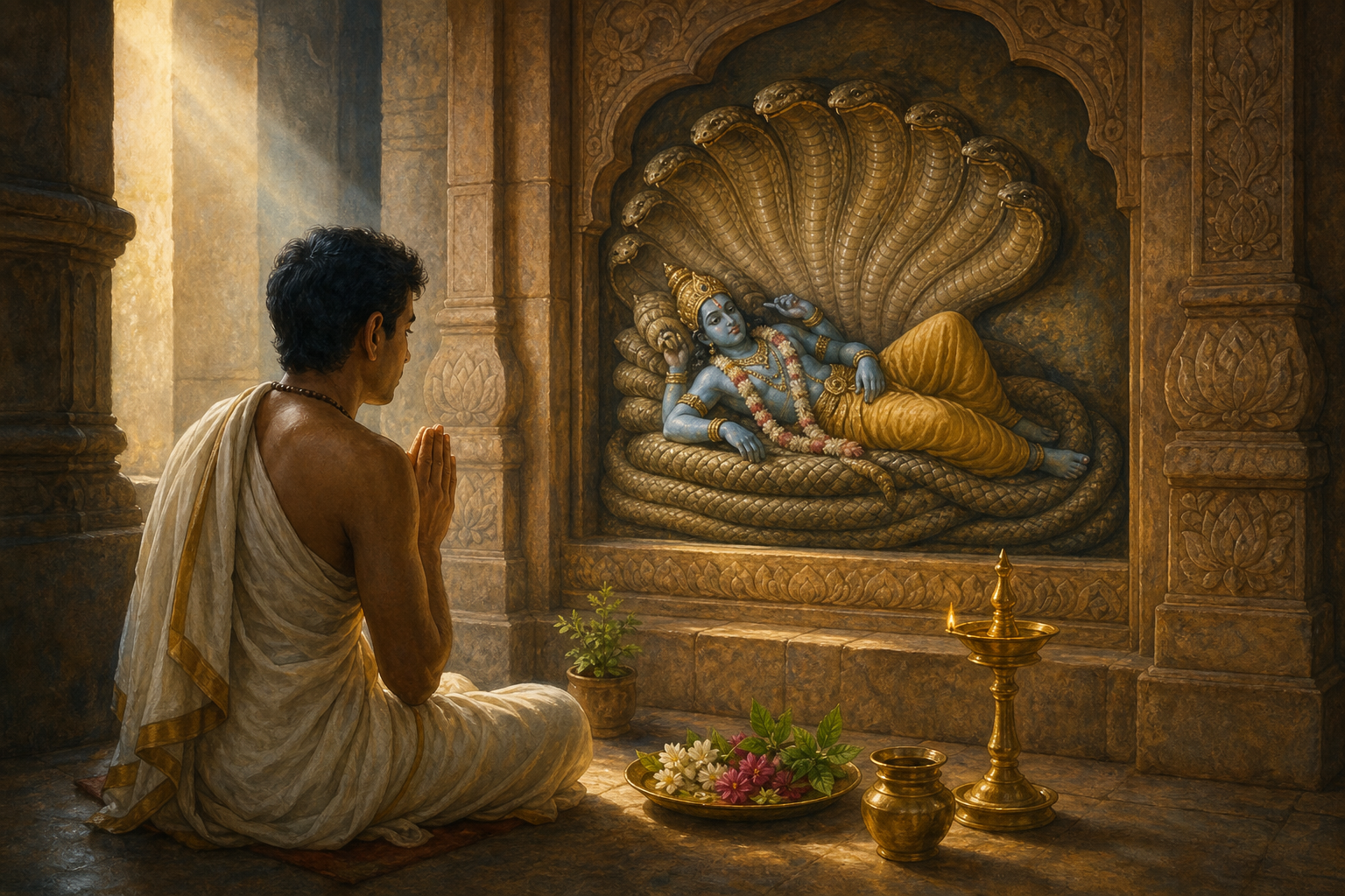 A devotee prays before a temple relief of Vishnu reclining on Ananta, with an oil lamp, flowers, tulsi leaves, and a water vessel nearby.