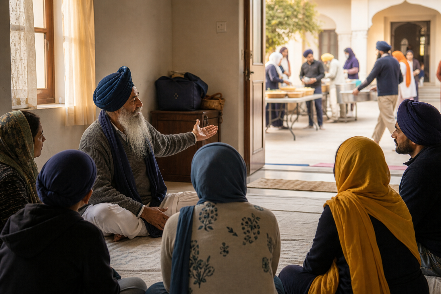 A Sikh guide sits at floor level with a small circle of listeners and gestures toward volunteers working in a sunlit courtyard.