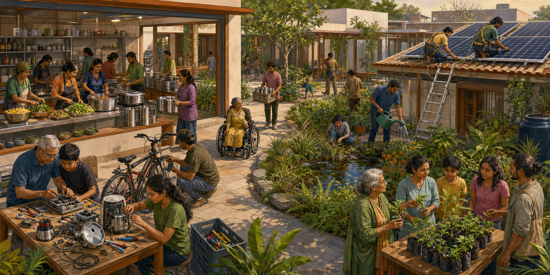 Volunteers at a community centre prepare meals, repair reusable goods, maintain solar panels, tend a rain garden, and distribute native seedlings.