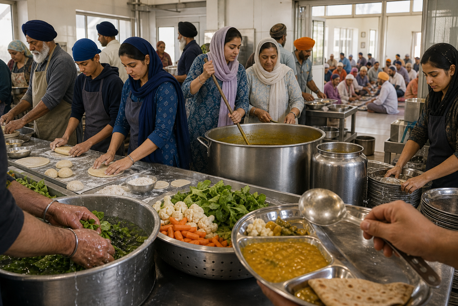 Volunteers of different ages prepare, serve, and clean up a communal meal together in a langar kitchen.