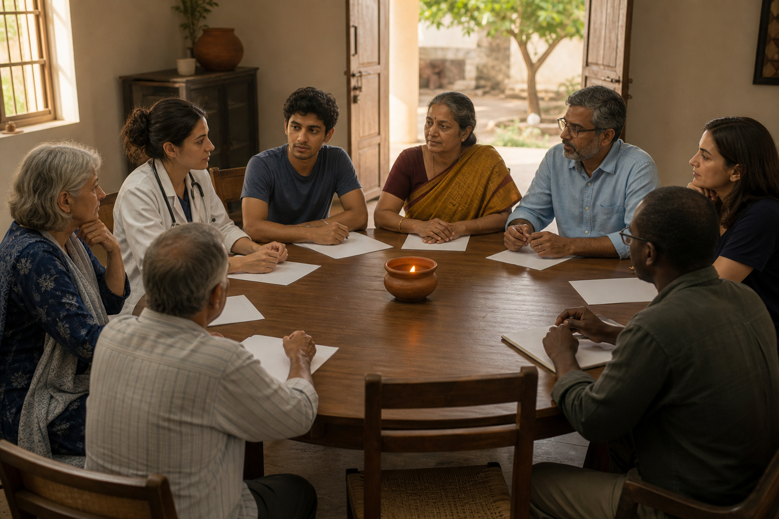 Residents, clinicians, a student, an administrator and an observer review documents together at a circular table with a small clay lamp in the center.