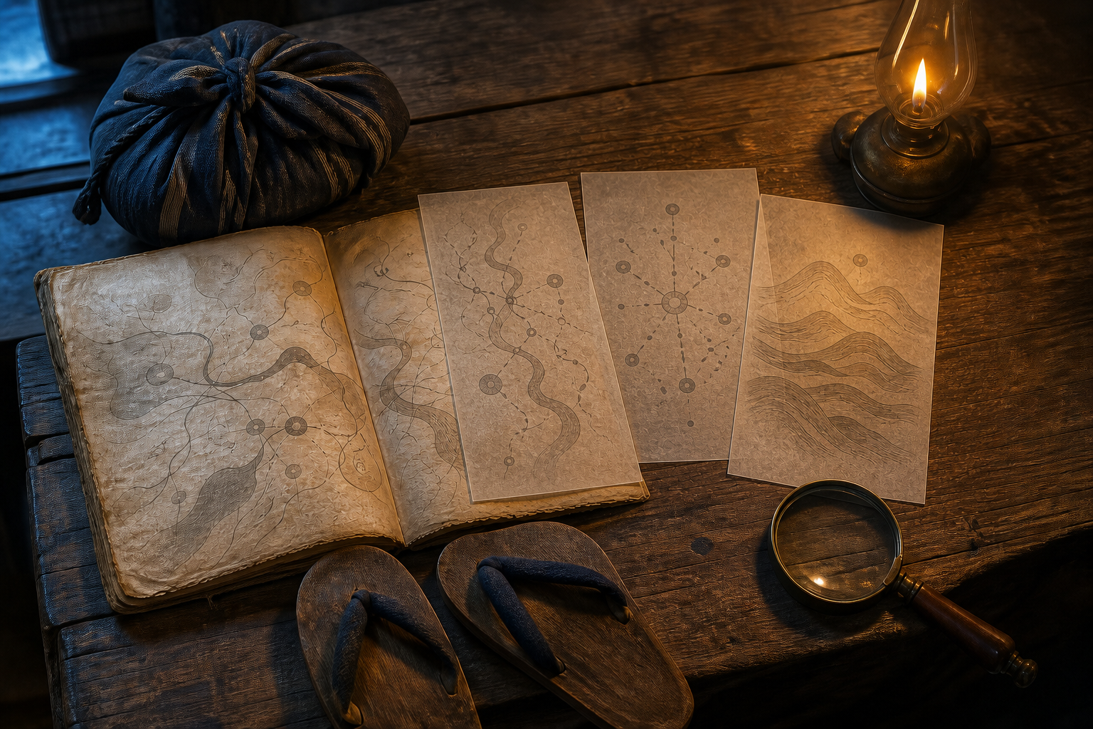 An unlabeled travel parchment and three translucent route layers rest beside sandals, a cloth bundle, an oil lamp, and a magnifying lens.