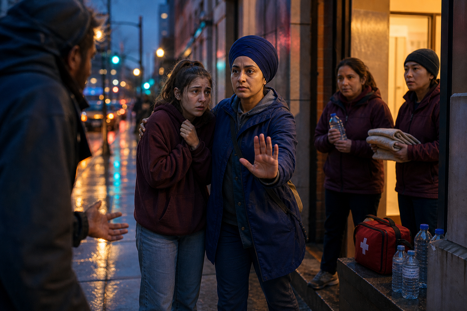 A Sikh woman volunteer calmly shields a frightened person and guides them toward safety on a rain-damp city sidewalk.