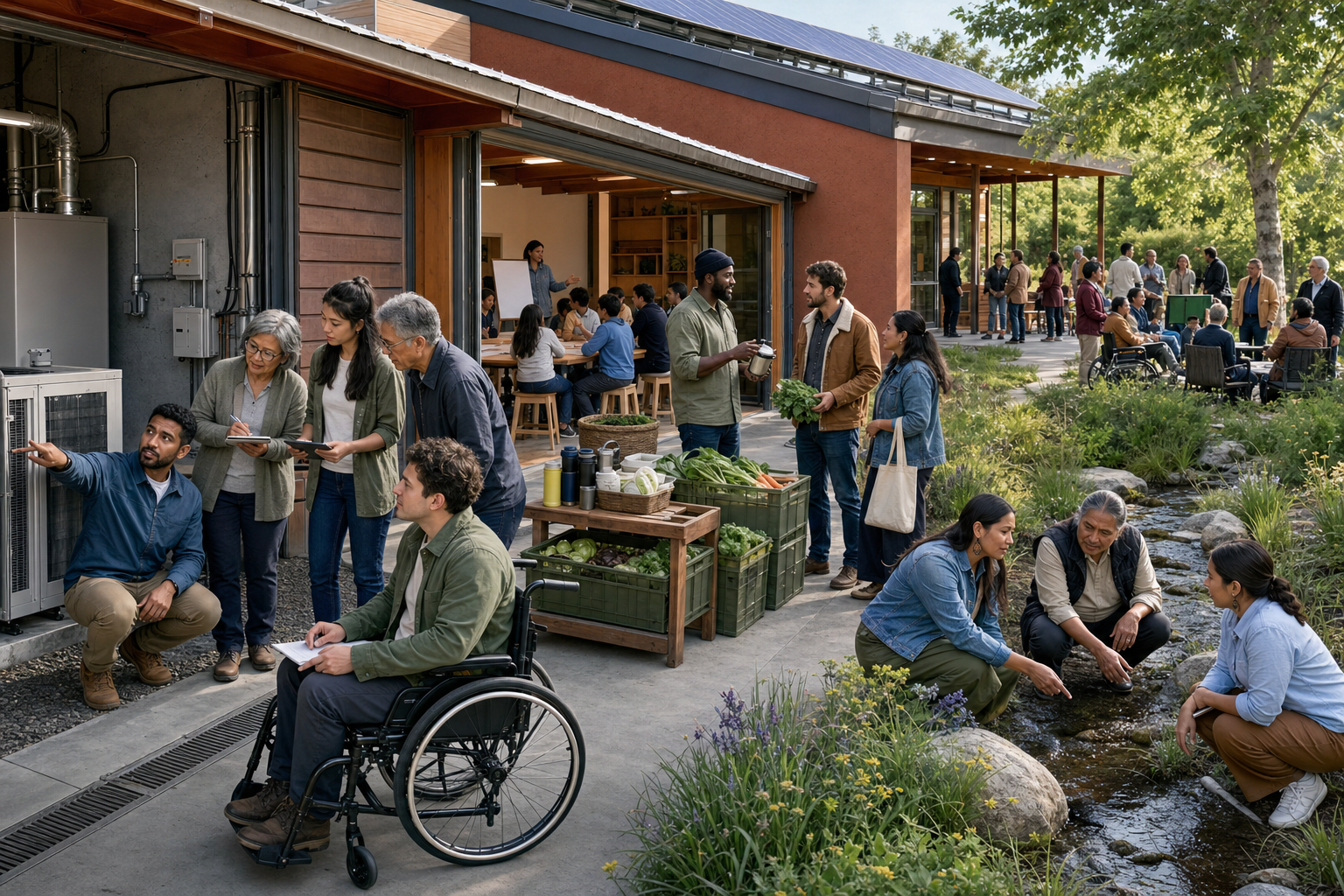 A review team examines energy systems, purchasing, labour practices, water and native plants, education, and community engagement around a shared community centre.