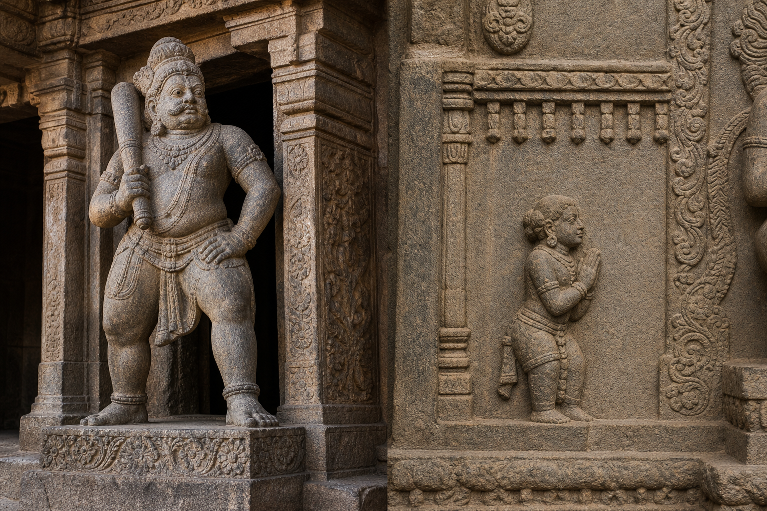 Two temple carvings shown side by side: a club-bearing guardian at a doorway and a smaller worshipful figure within a narrative relief.