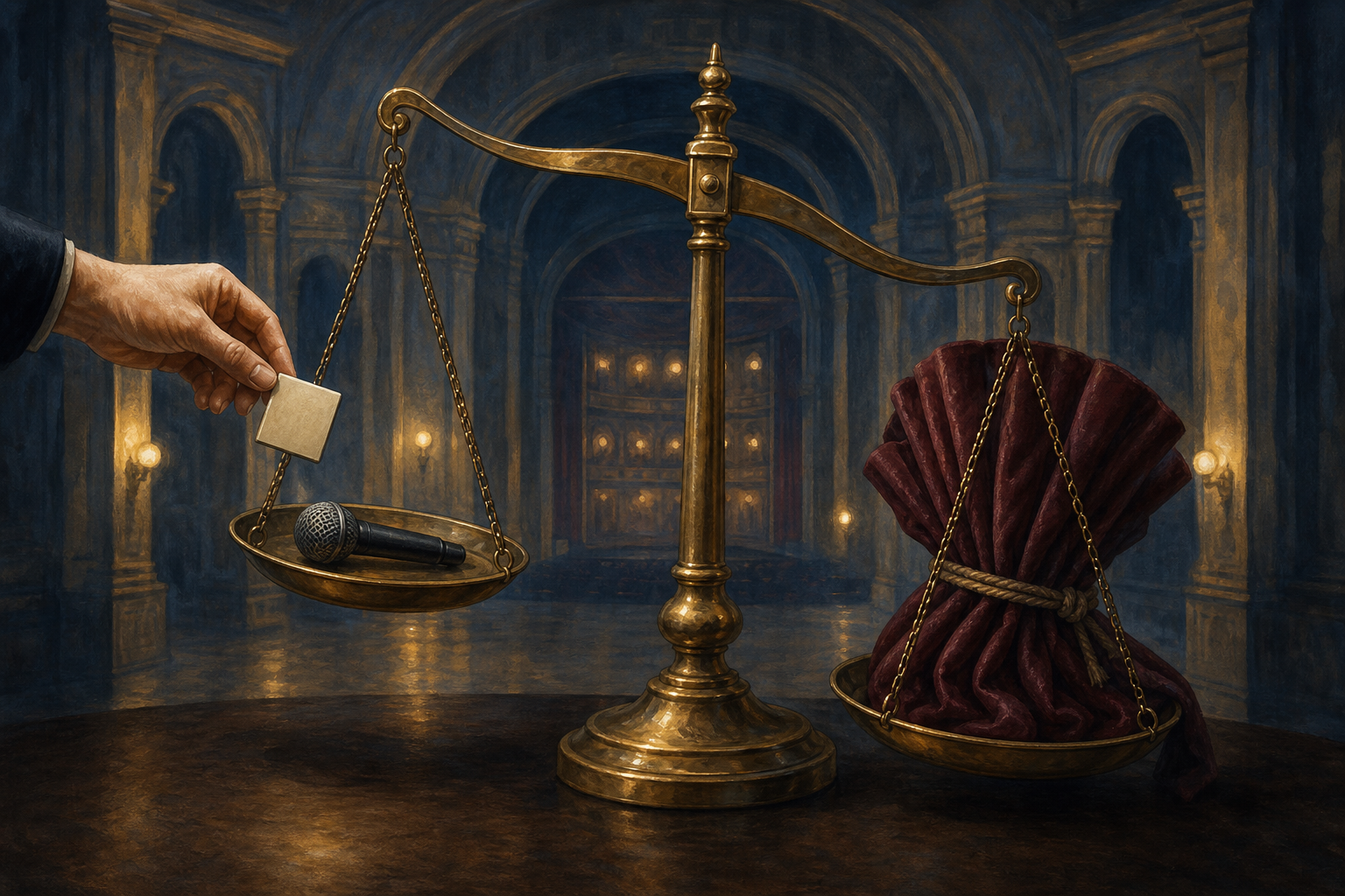 A brass balance scale weighs a microphone against a bundled theatre curtain as a hand adds a blank evidence tile.