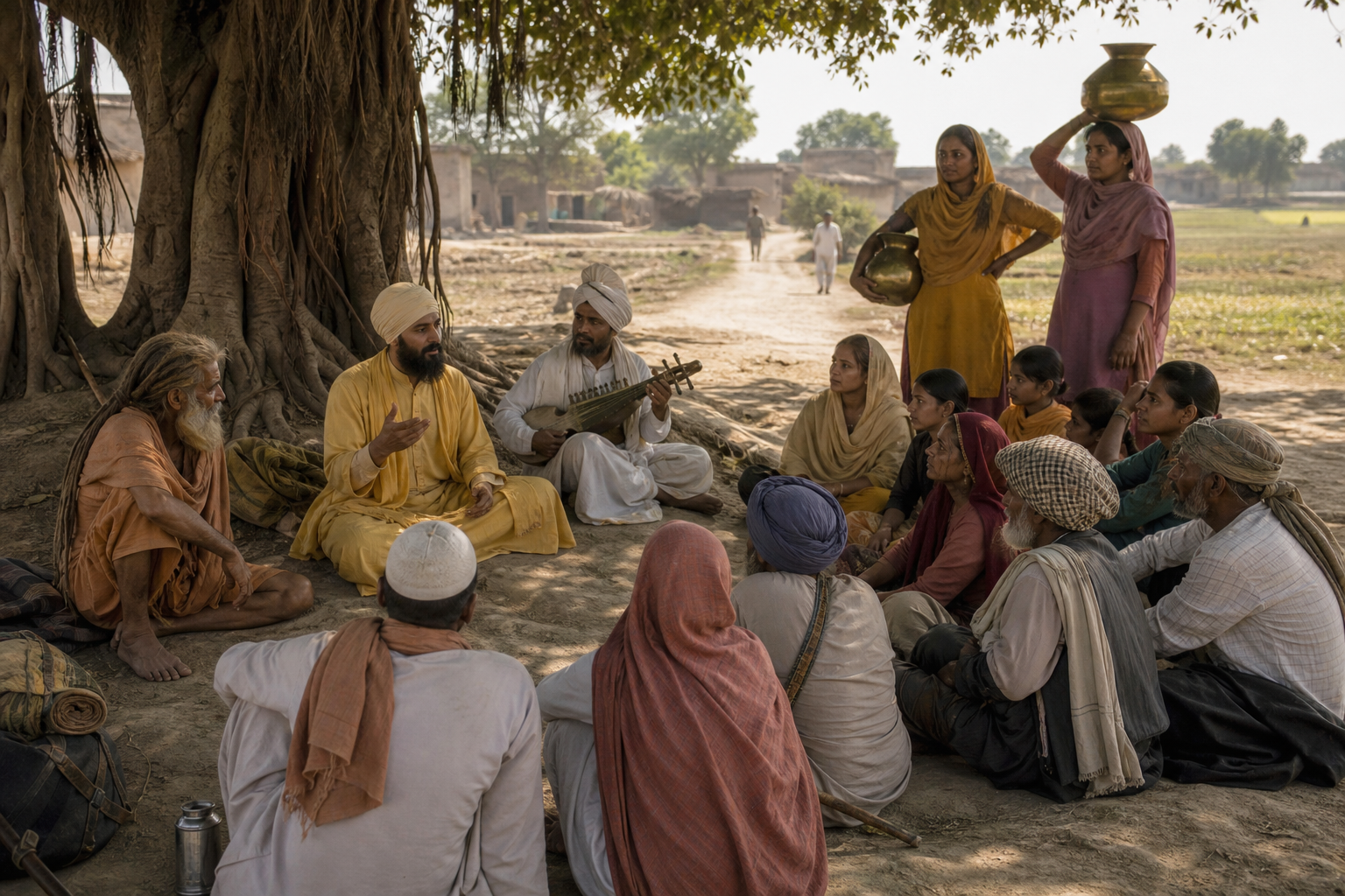 Guru Nanak speaks with villagers, travelers, and an ascetic beneath a banyan tree while Bhai Mardana plays the rabab beside the gathering.