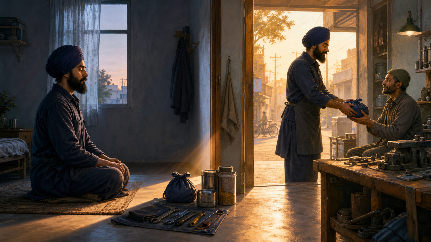 A continuous dawn scene shows a Sikh adult moving from quiet remembrance at home to honest work and sharing a prepared meal with a coworker.