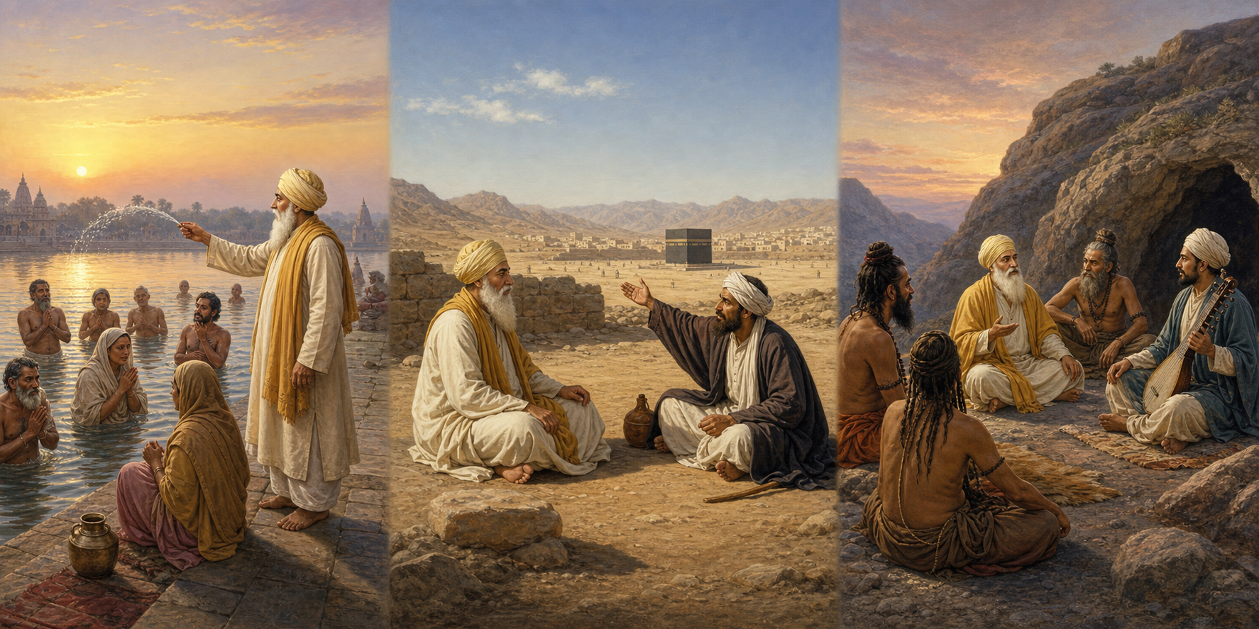 Three illustrated scenes show Guru Nanak at Haridwar, in a desert courtyard near Mecca, and in conversation with Nath yogis on a rocky plateau.
