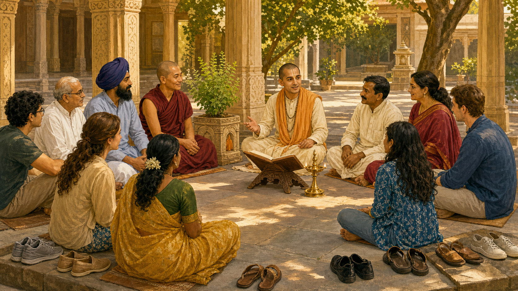 A Vedic facilitator and participants in monastic, traditional, and contemporary clothing sit in a semicircle for a discussion in a sunlit temple courtyard.