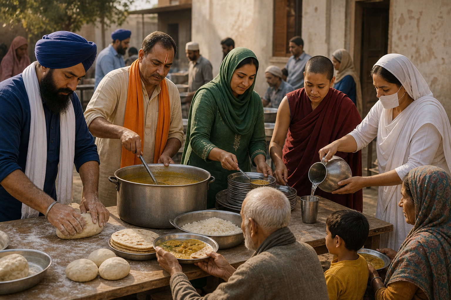 Volunteers from several religious communities prepare and serve a meal together in a courtyard while retaining distinct clothing and identities.