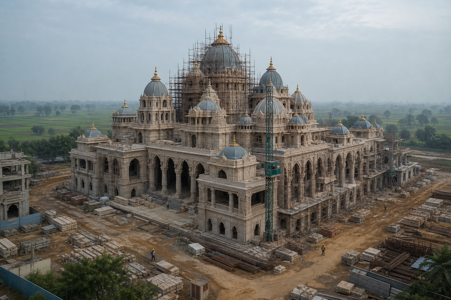 Wide view of a monumental domed temple main wing under construction with scaffolding, equipment, materials, and workers on the site.