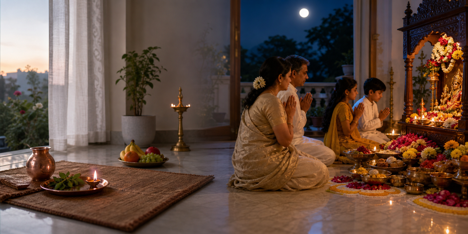A split scene showing a simple morning fasting setup followed by a fuller moonlit puja with family members and offerings.