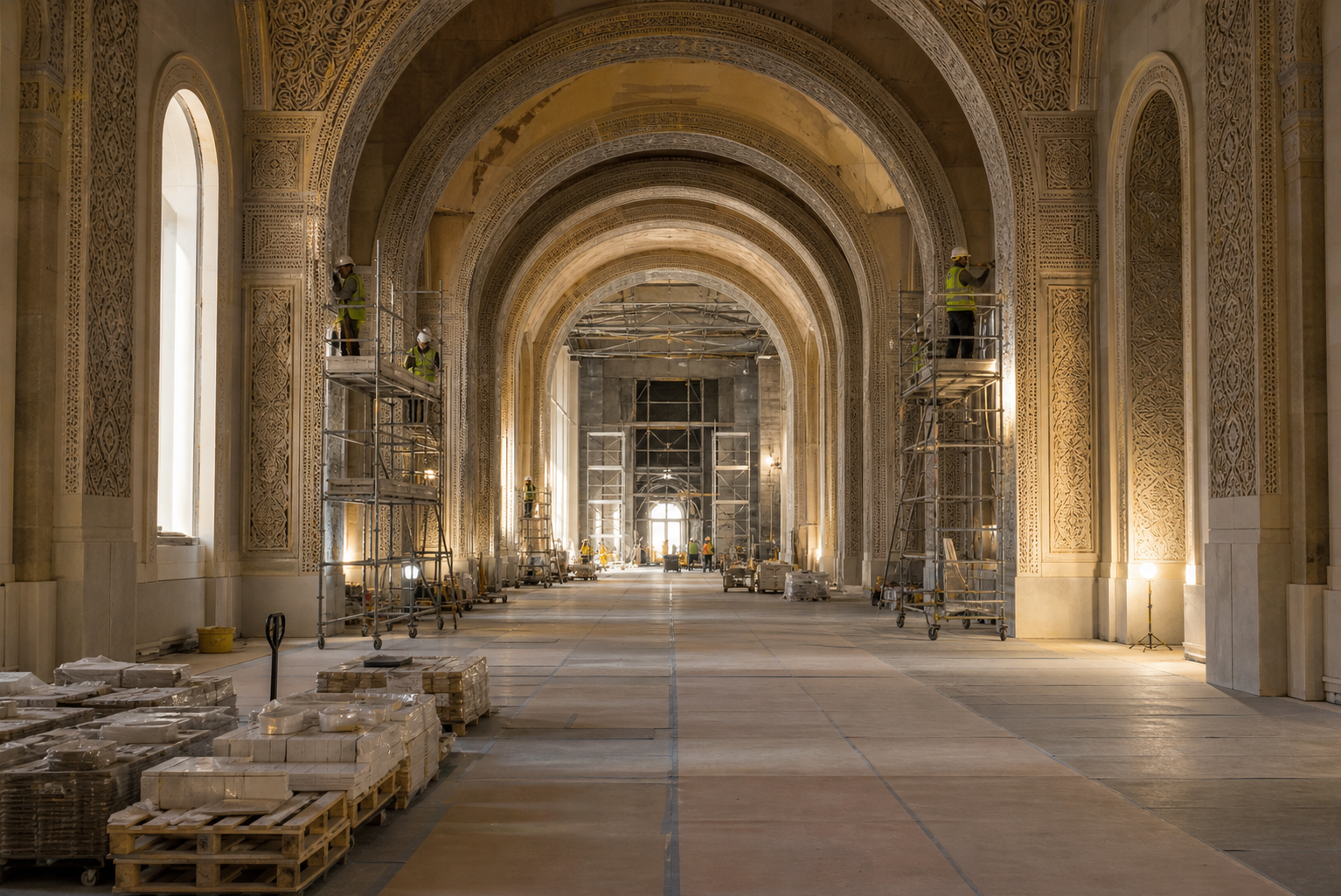Unfinished temple interior with tall arches, mobile scaffolds, stored materials, temporary lighting, and craftspeople installing decorative finishes.