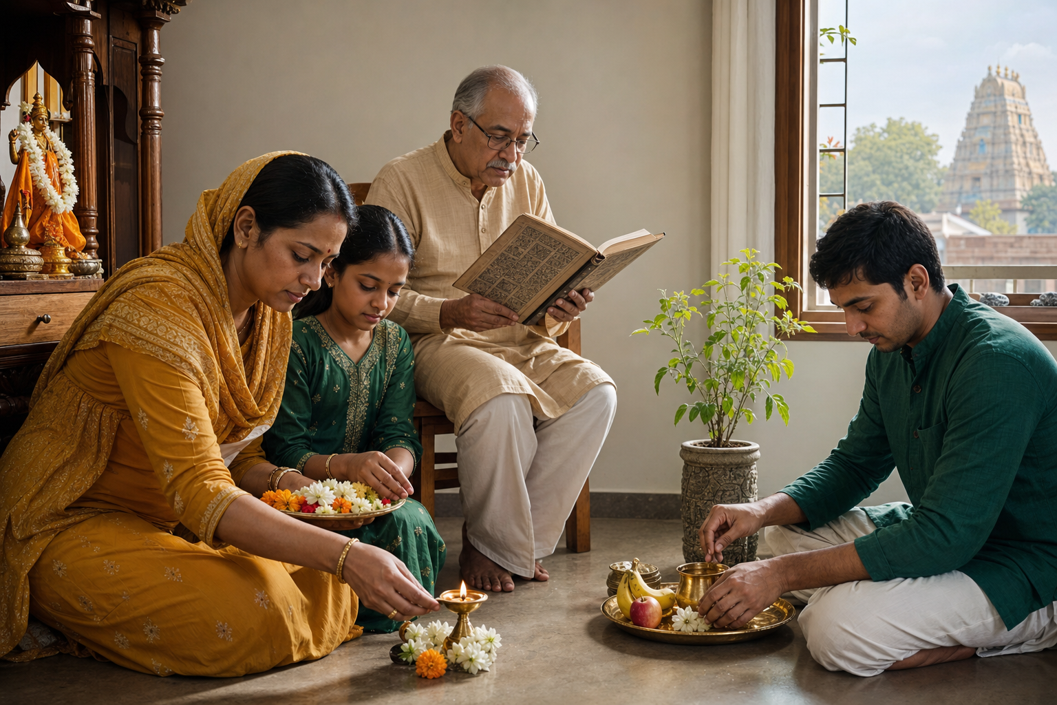 A family prepares flowers, fruit, water, and a lit lamp at a home shrine while an elder consults an open almanac.