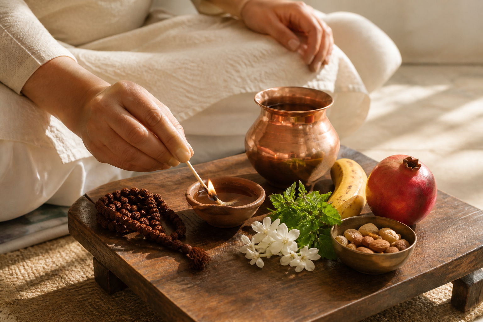 A devotee lights a clay lamp beside water, prayer beads, flowers, and a modest selection of fruit for a home fast.