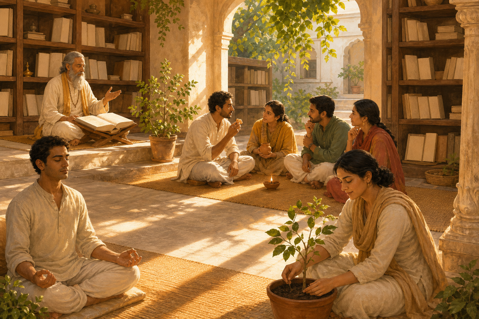A teacher introduces a Vedic lesson in a temple library while participants discuss it and practice meditation and care for a sapling.