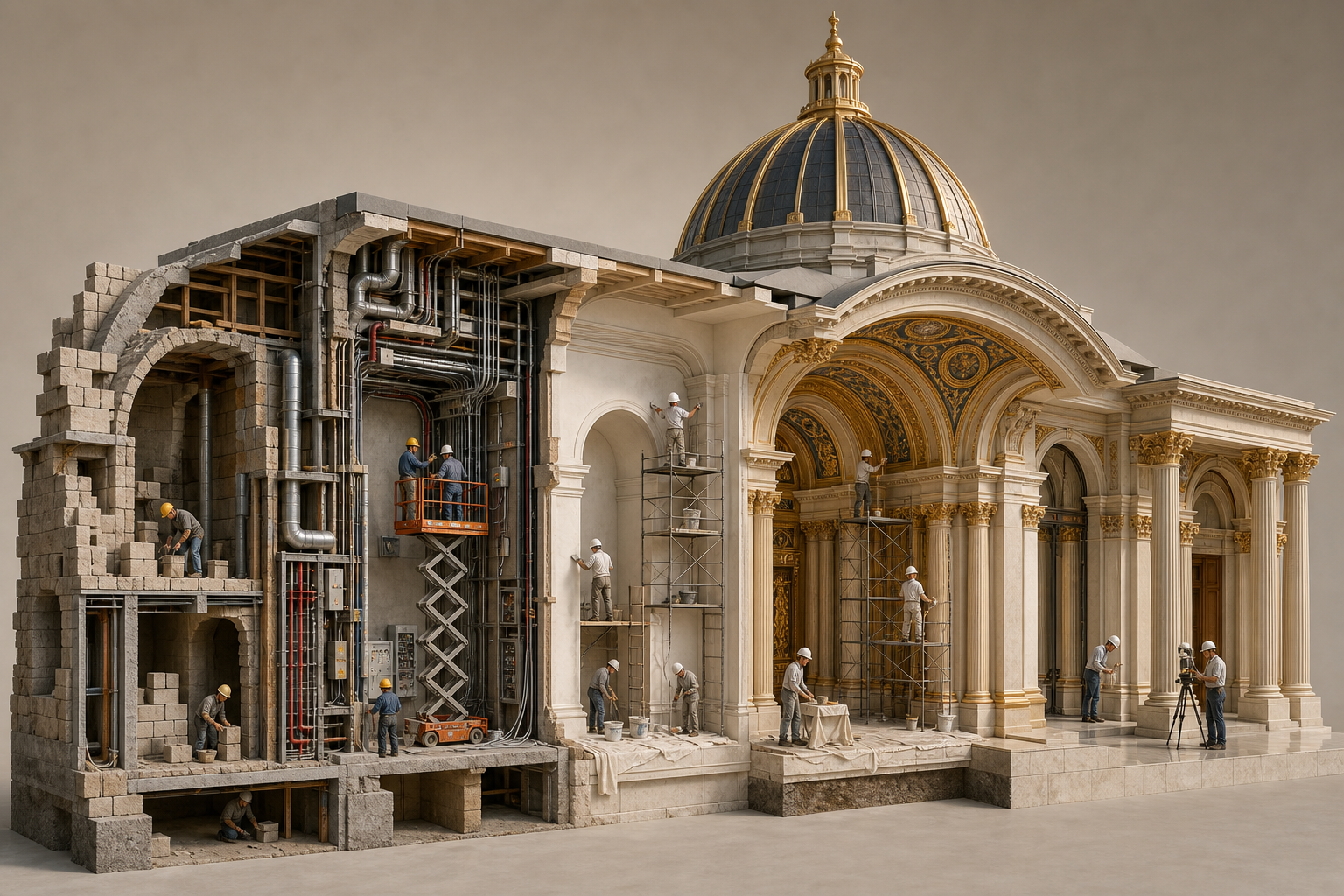 Cutaway illustration of a temple wing showing structural work, building services, surface finishing, decoration, and inspection in successive areas.