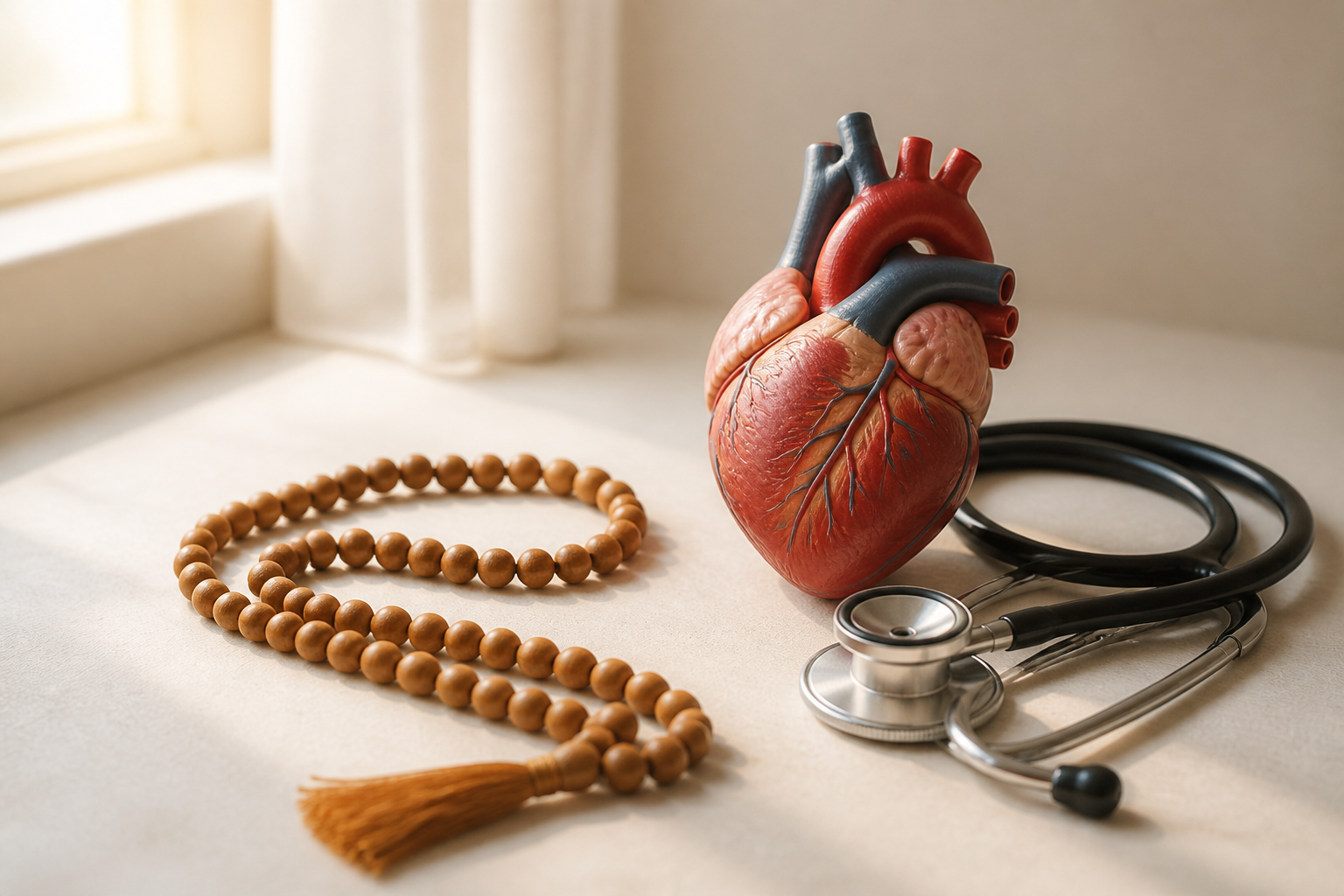 An anatomical heart model, a stethoscope, and wooden prayer beads arranged on a softly lit table.