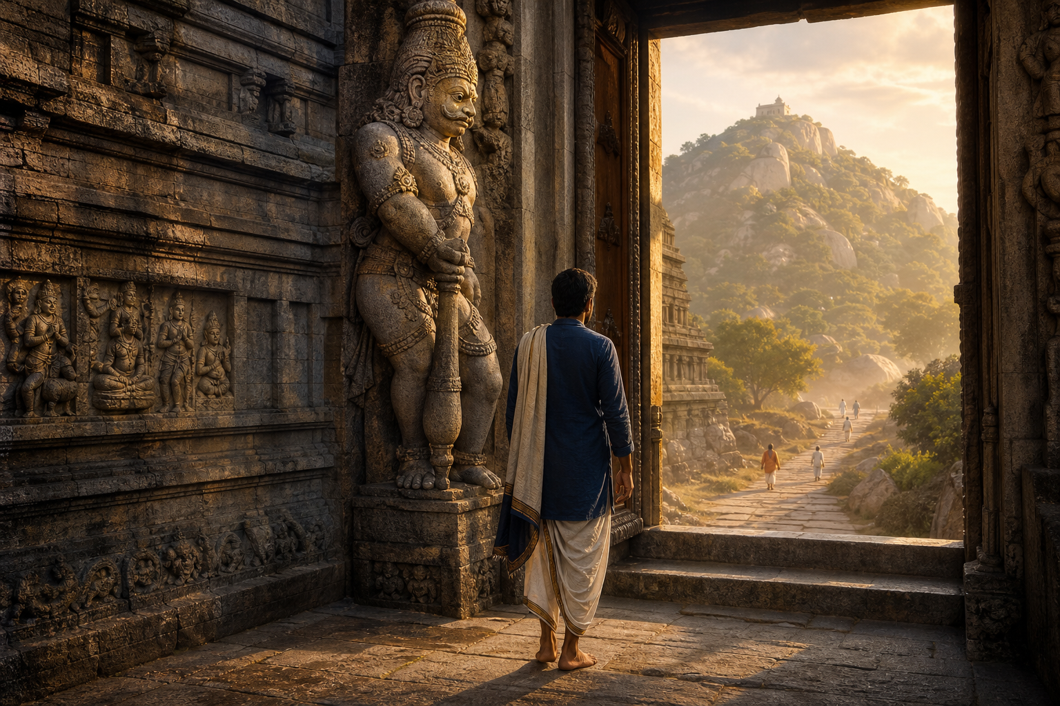 A barefoot pilgrim pauses at a stone temple entrance beside a carved guardian, with narrative reliefs and a path leading toward a distant sacred hill.