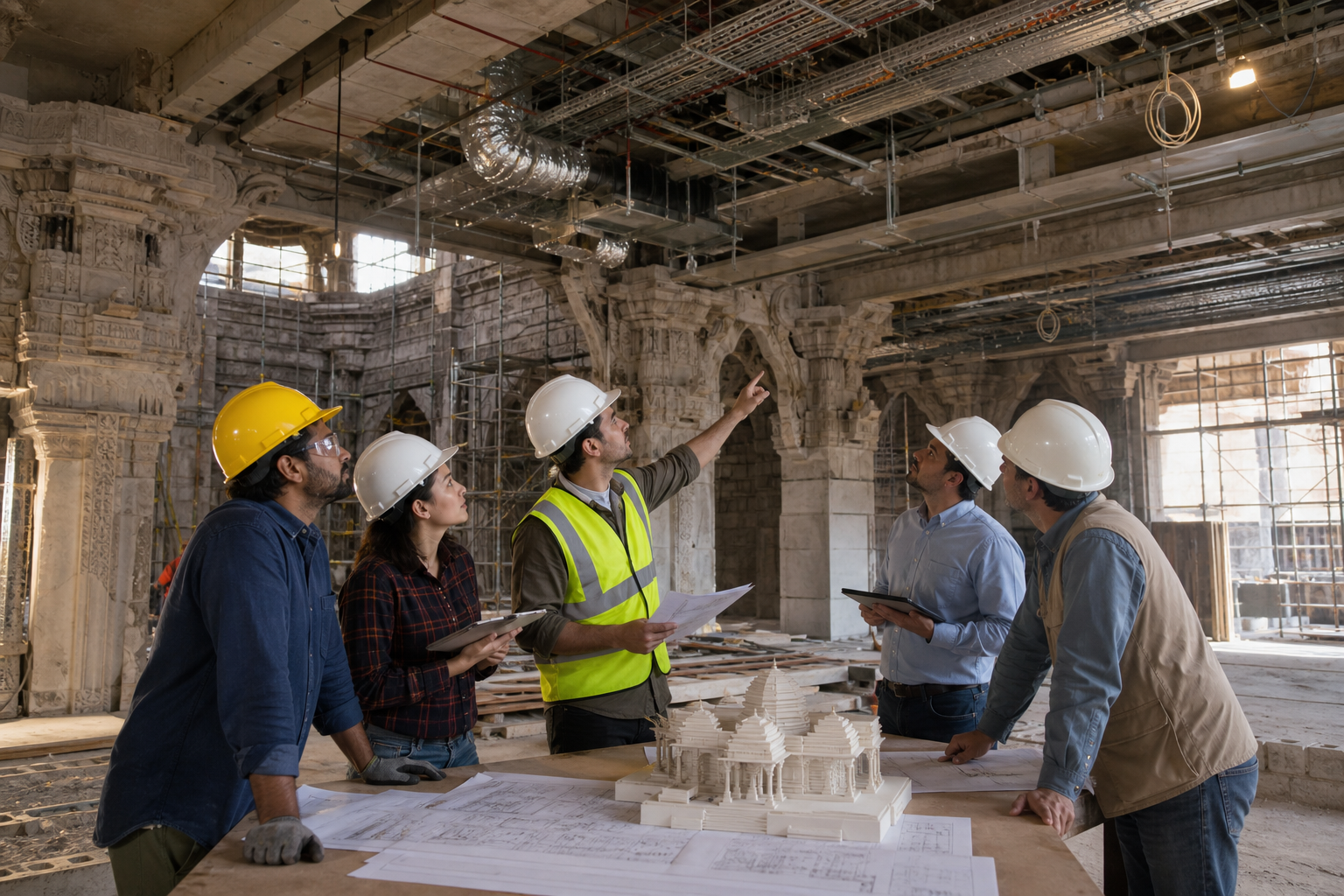 Construction professionals coordinate around plans and a scale model inside an unfinished temple hall with scaffolding and exposed building services.
