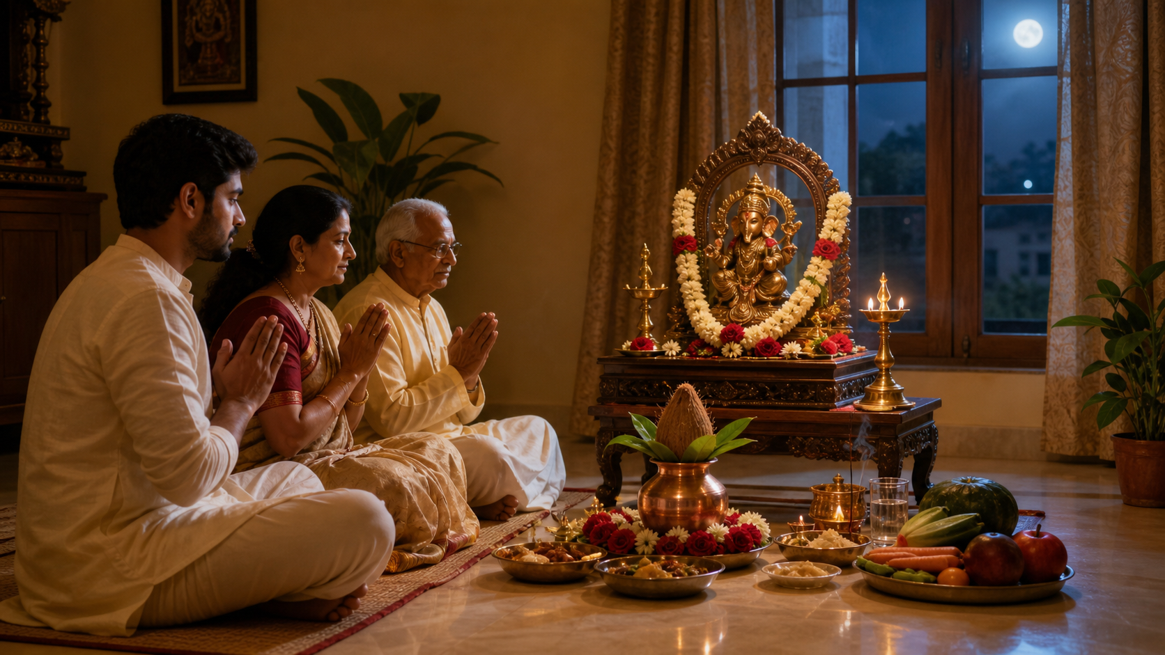 Three generations of a family pray together before one home altar arranged with a lamp, kalash, flowers, fruit, vegetables, incense, and water.