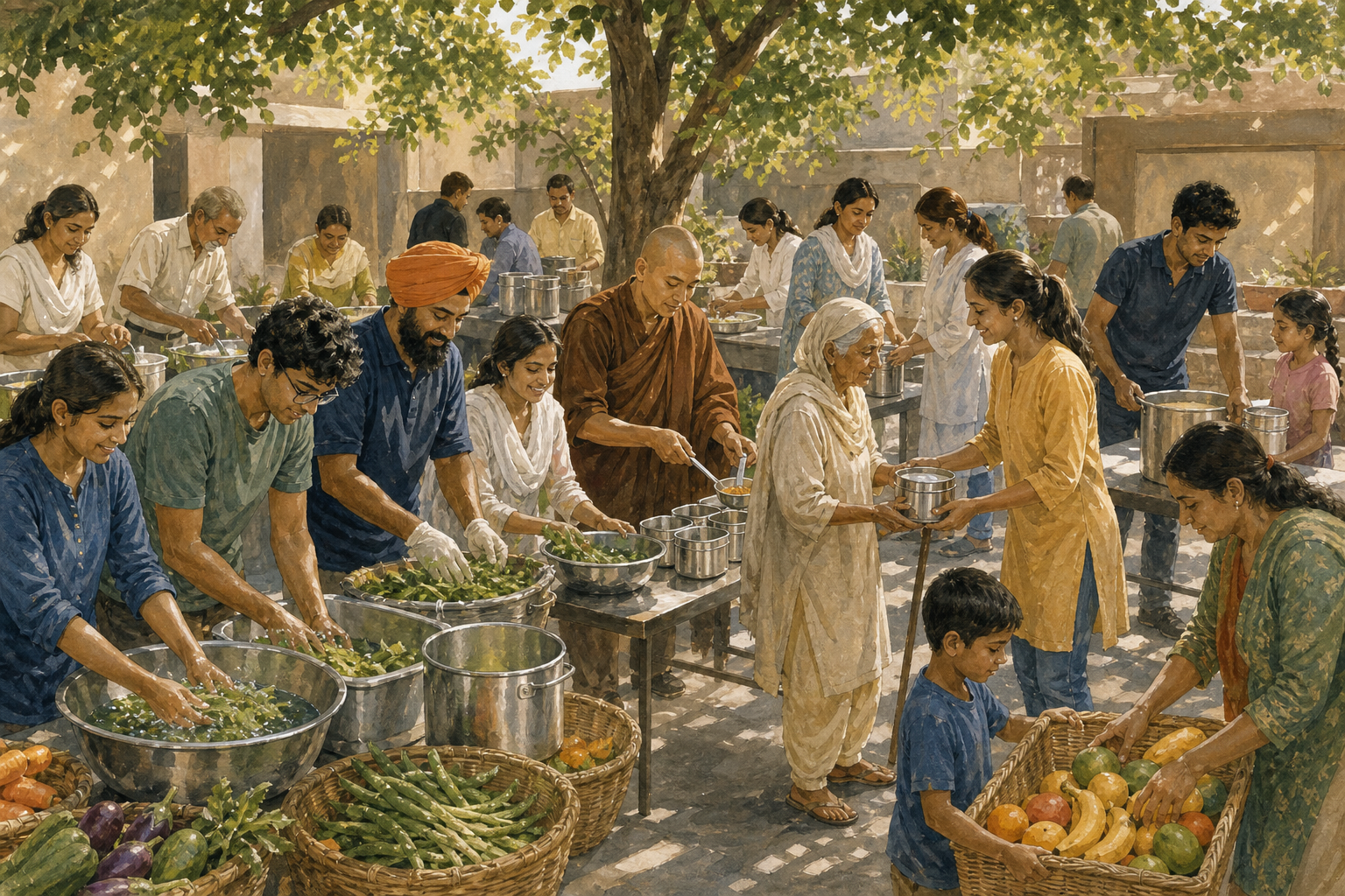 Volunteers in varied traditional and contemporary clothing prepare and distribute meals together in a shaded community courtyard.