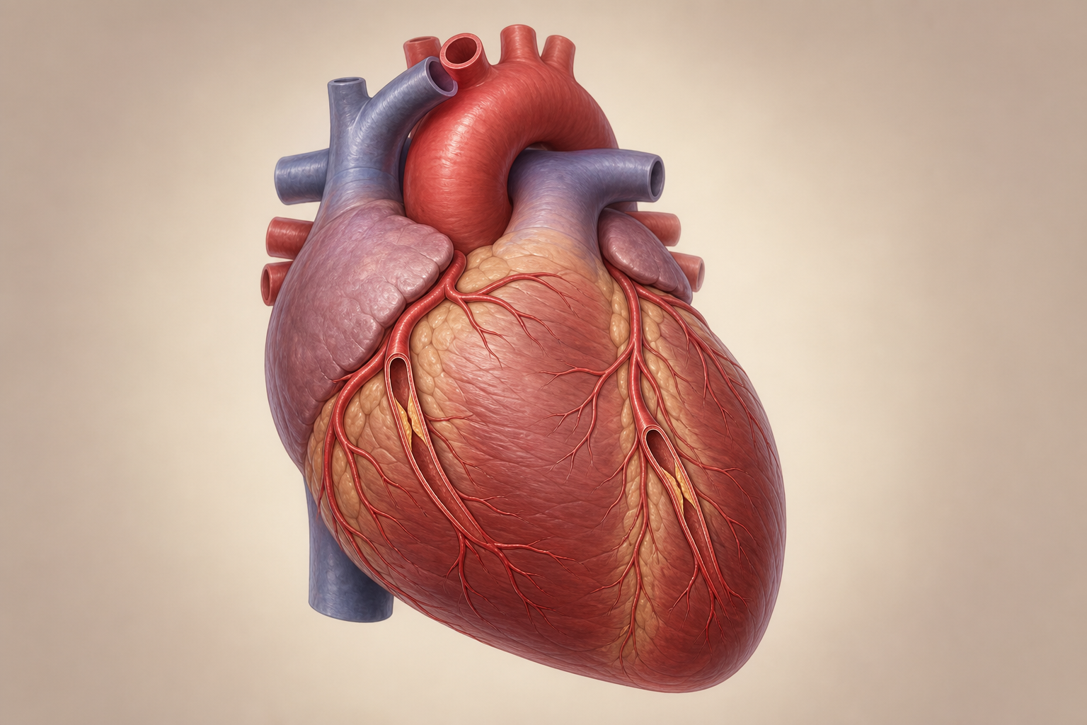 Medical illustration of a human heart with visible narrowing along three coronary artery pathways.