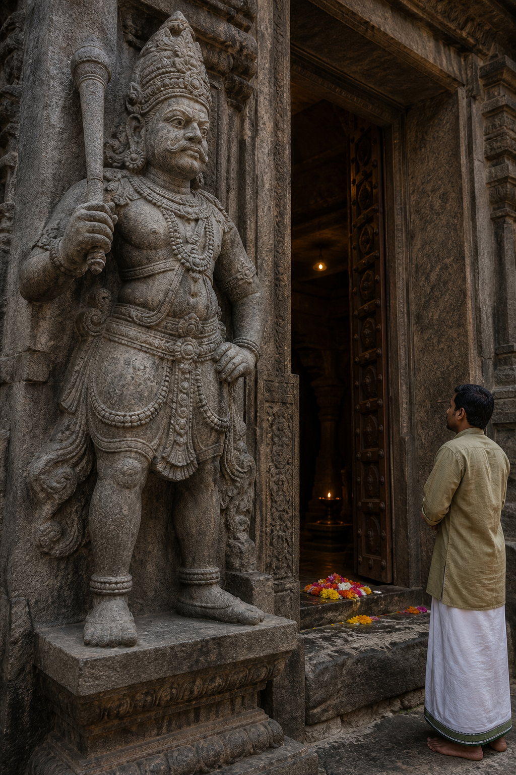 A visitor pauses beside a carved stone temple guardian at a worn entrance threshold.